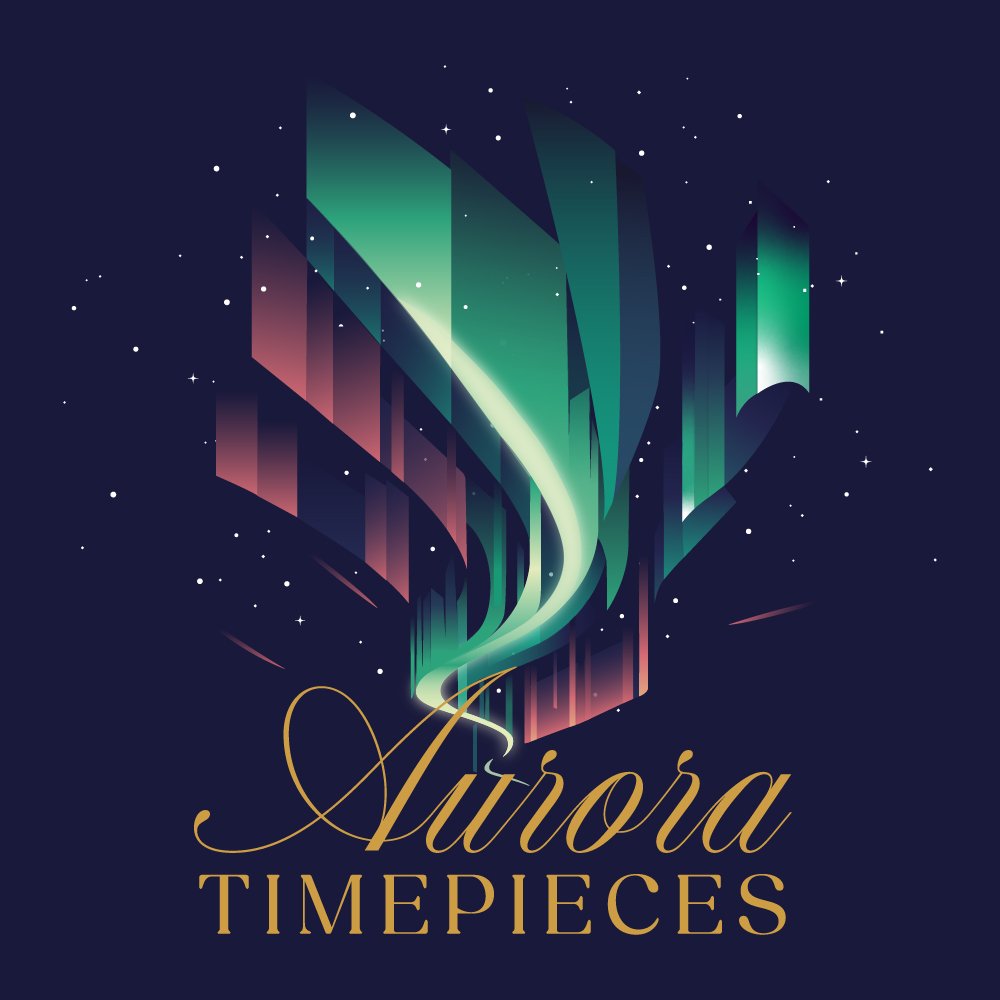 Graphic logo featuring stylized green and pink northern lights sweeping across a starry night sky, with the brand name ‘Aurora Timepieces’ in elegant gold script and serif lettering below.