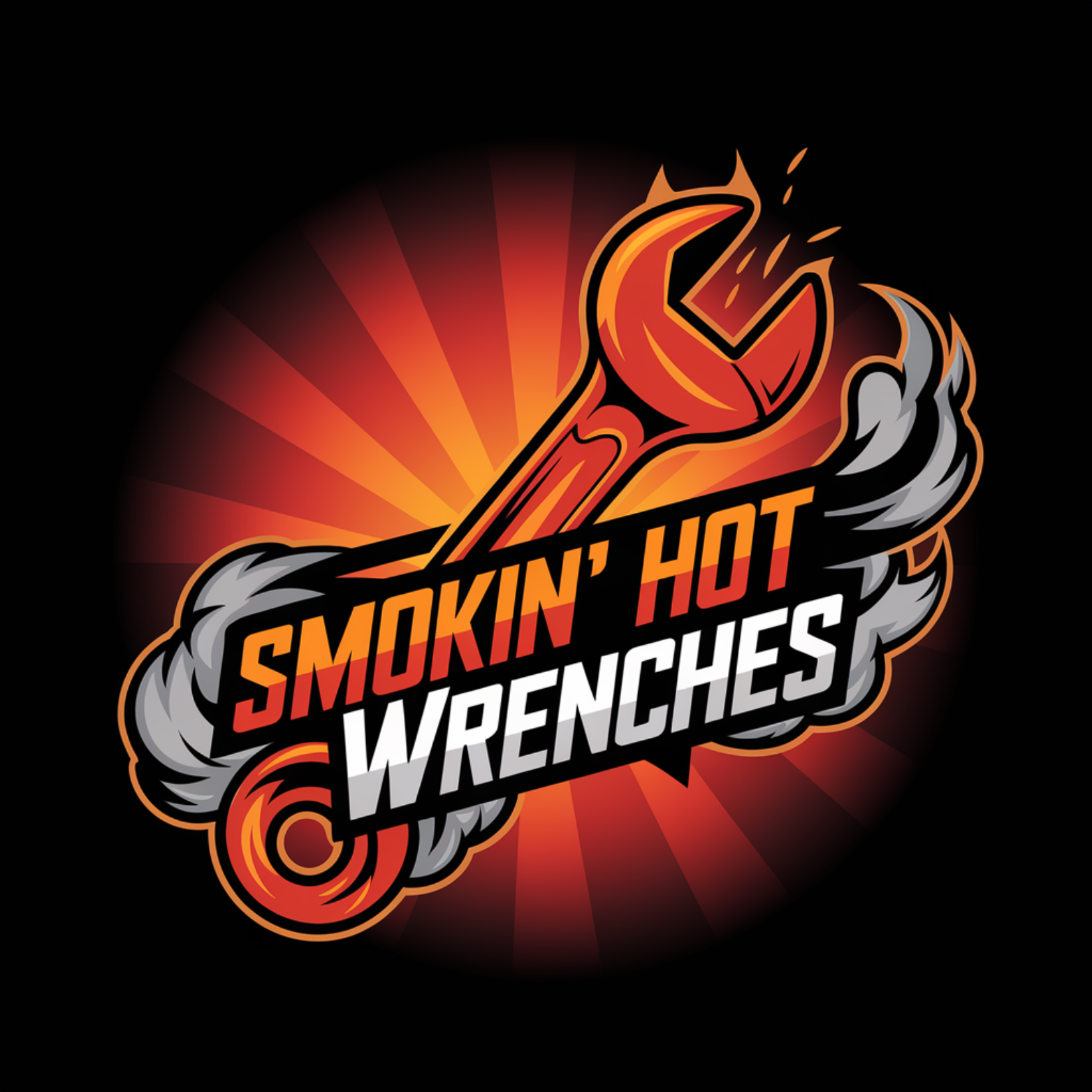 Logo for 'Smokin' Hot Wrenches' featuring a fiery wrench with smoke and flames, set against a red radiant background.