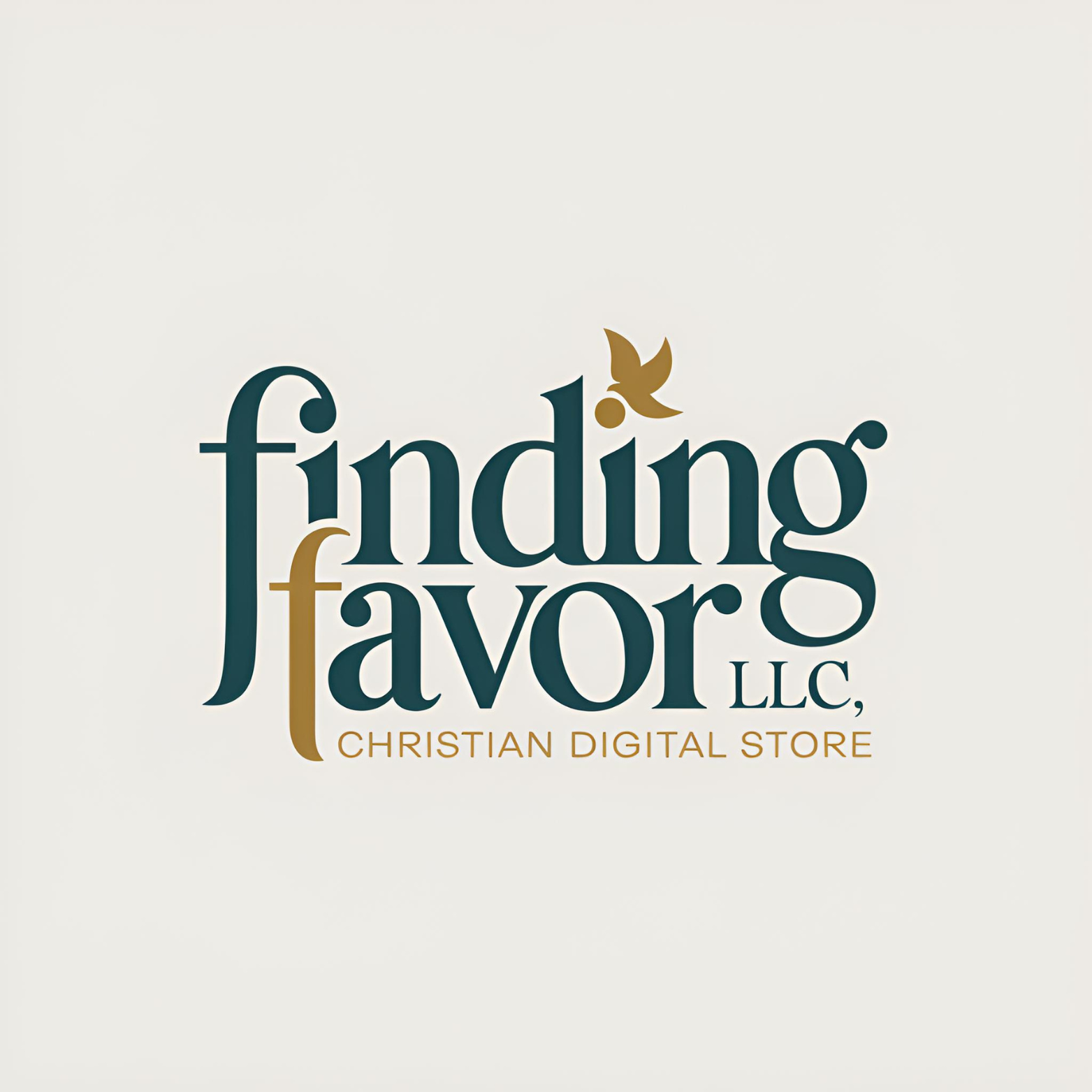 Logo for 'Finding Favour LLC, Christian Digital Store' with a stylized dove above the text.