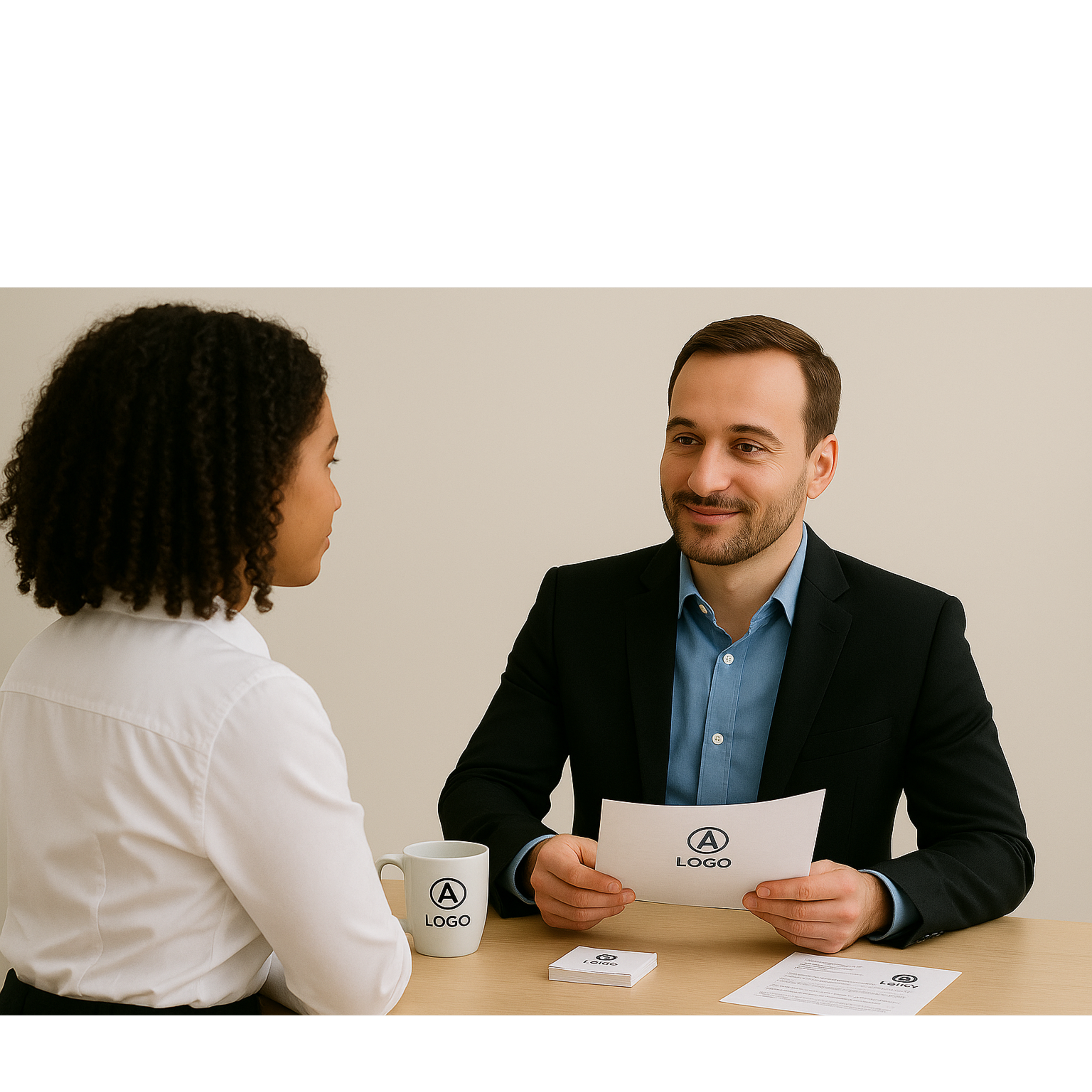 A man and woman having a discussion at a table with documents and branded coffee mug, in a professional setting.