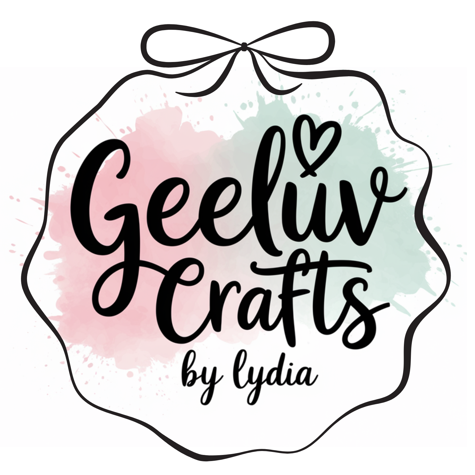 Logo with the text 'Gewuw Crafts by Lydia' in black, handwritten-style font with a pink and green watercolor background and a decorative black outline and bow.