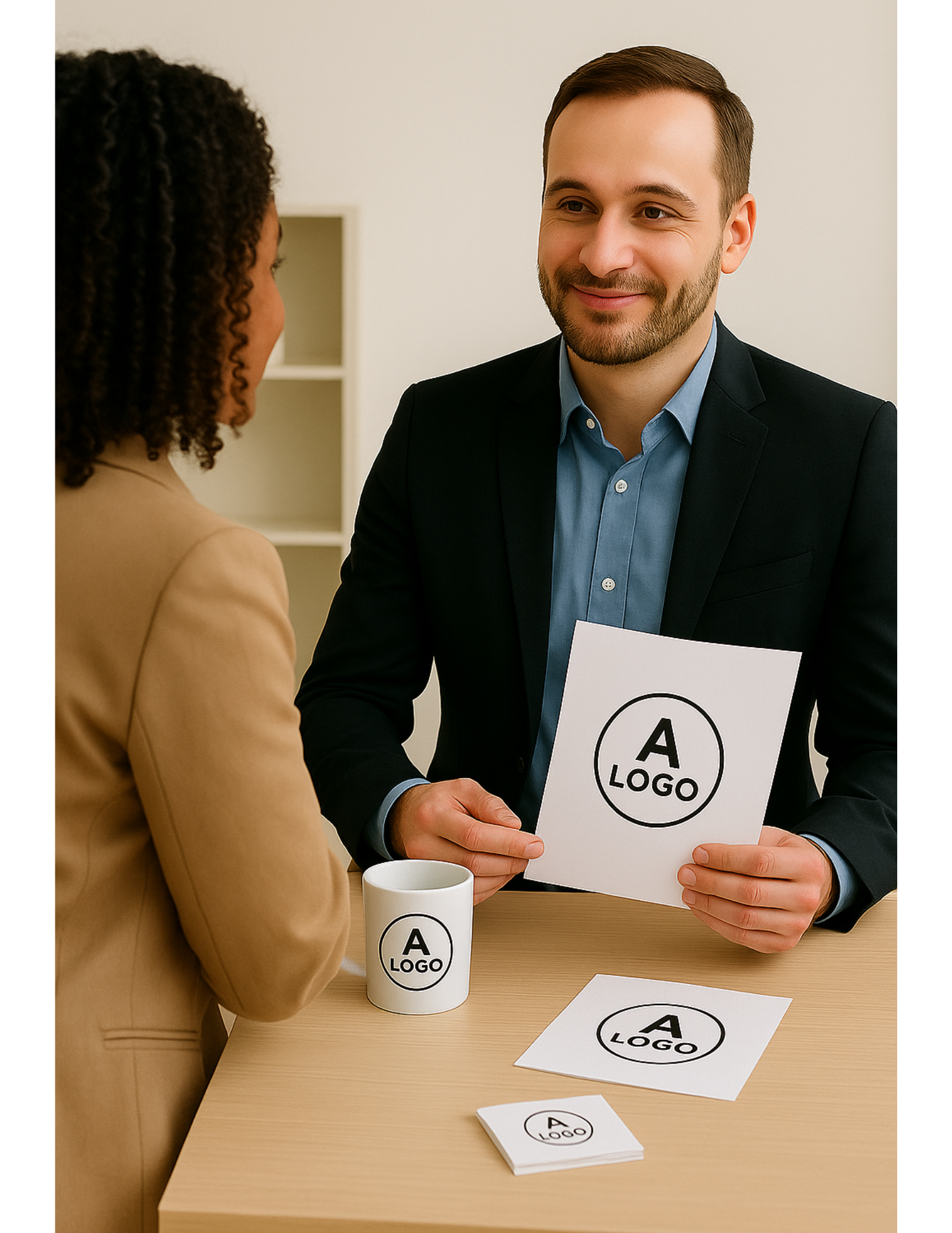 Man in a suit showing a paper with logo to a woman in a beige blazer, with branding materials like mug, papers, and business cards with the same logo on a wooden table.