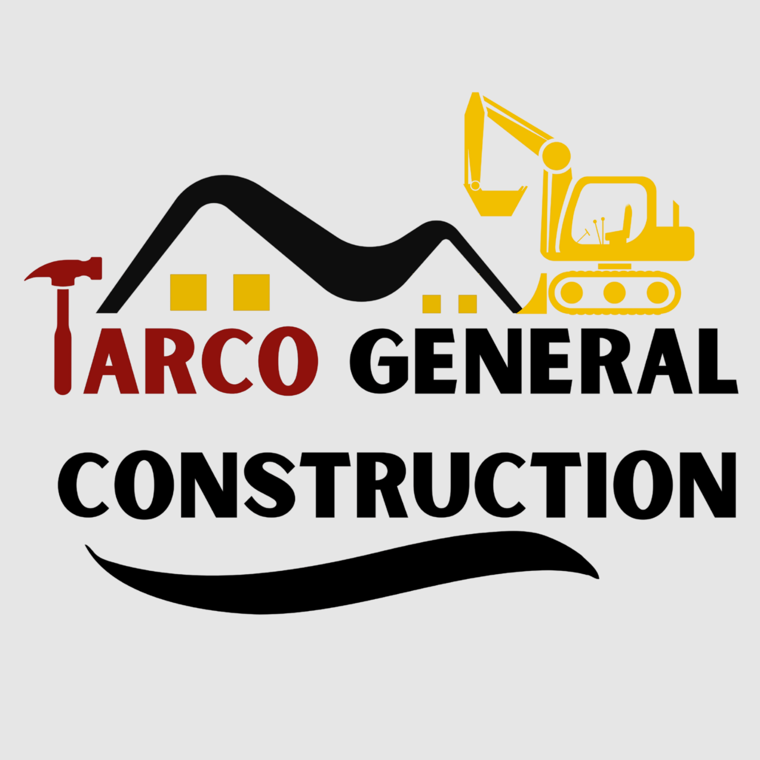 Logo for General Construction featuring a stylized house roof, a hammer, and construction machinery in yellow, with the company name in bold black and red text.