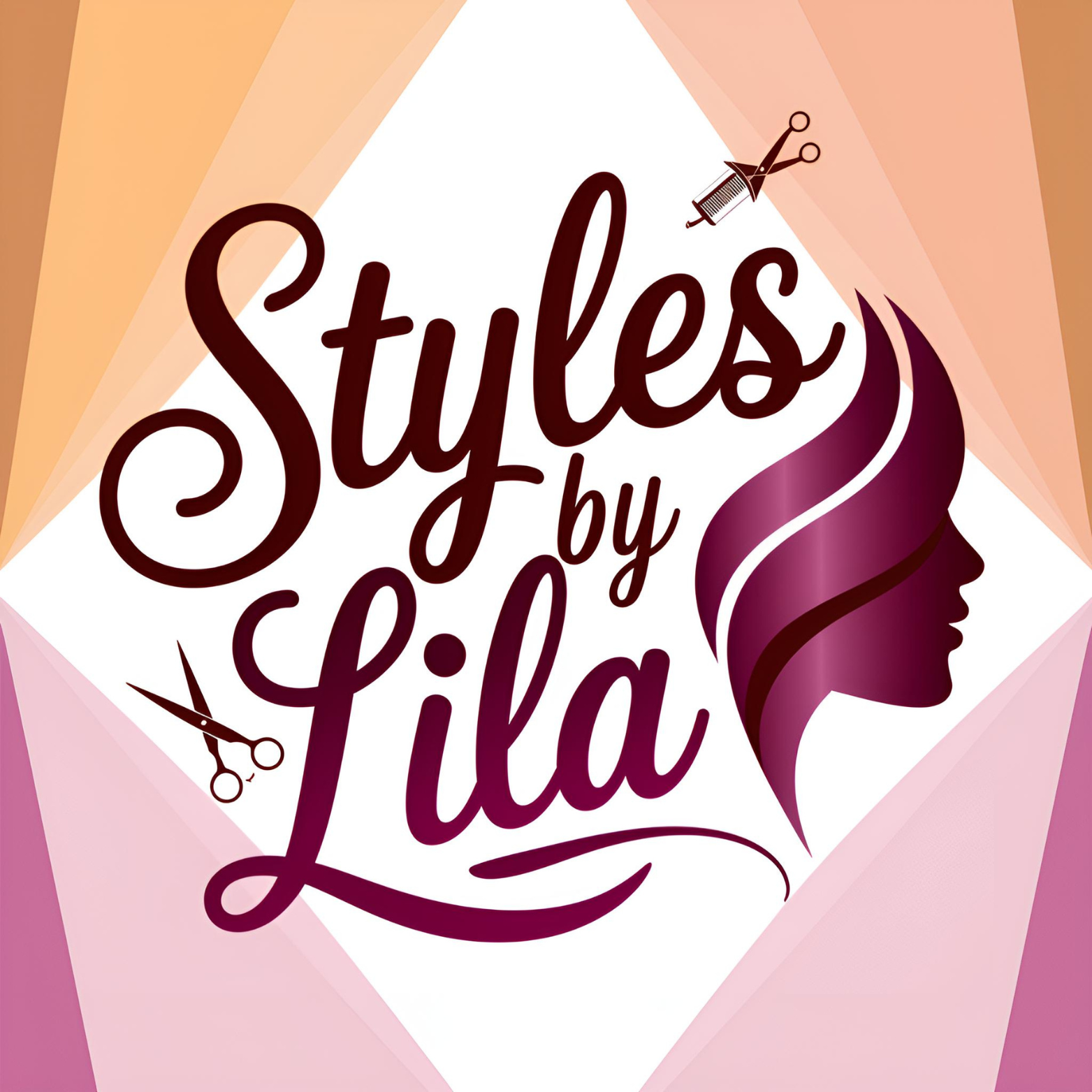 Logo for hair Styles by Lila with a silhouette of a woman's profile with styled hair, scissors, and a syringe icon, surrounded by pink and peach-colored paper background.