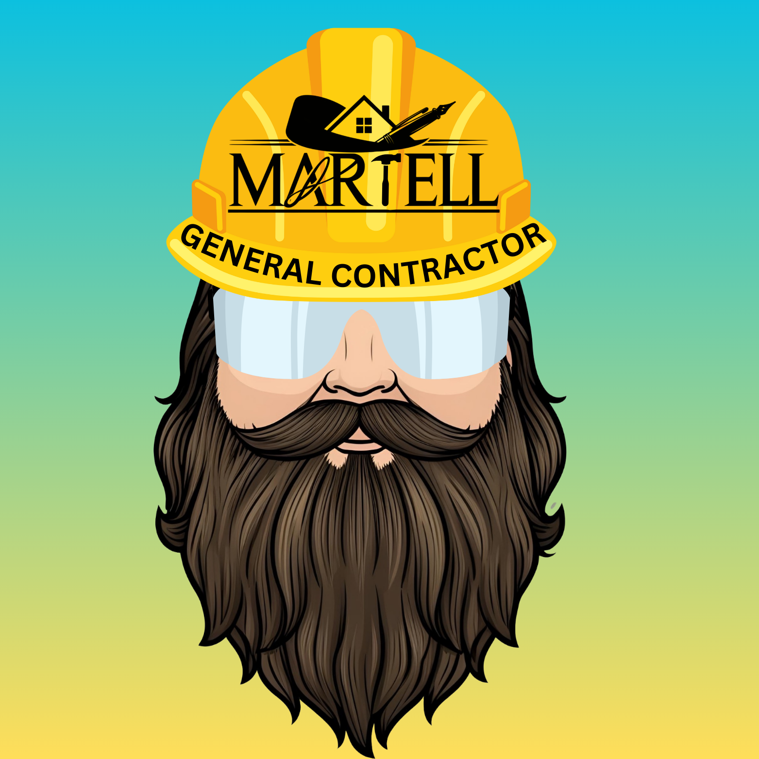 Logo of an Illustration of a bearded man wearing yellow construction helmet labeled 'Martell General Contractor' with a house and tools graphic, and futuristic white visor goggles.