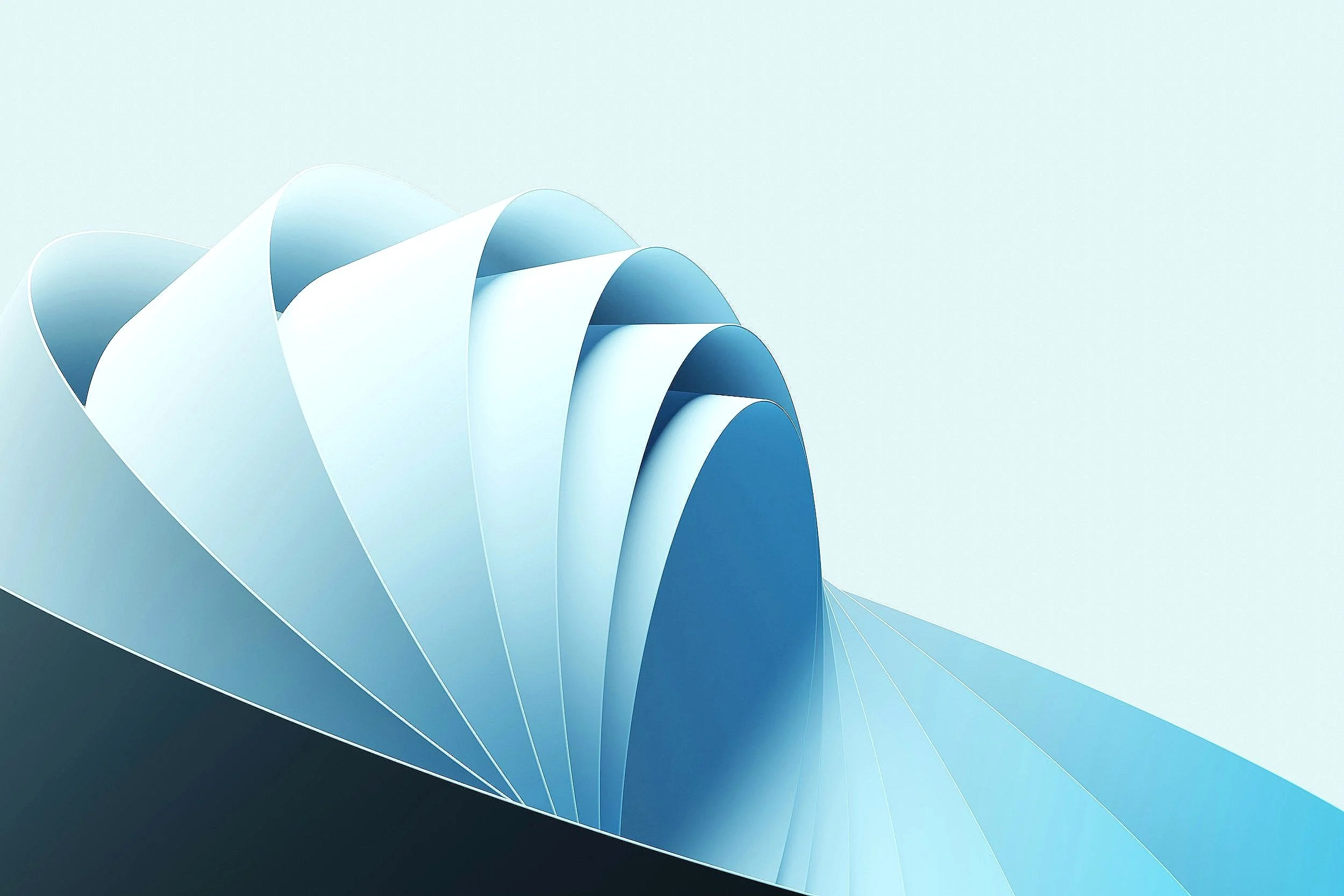 Abstract digital artwork featuring curved, layered, blue and white shapes creating a flowing, wave-like pattern.