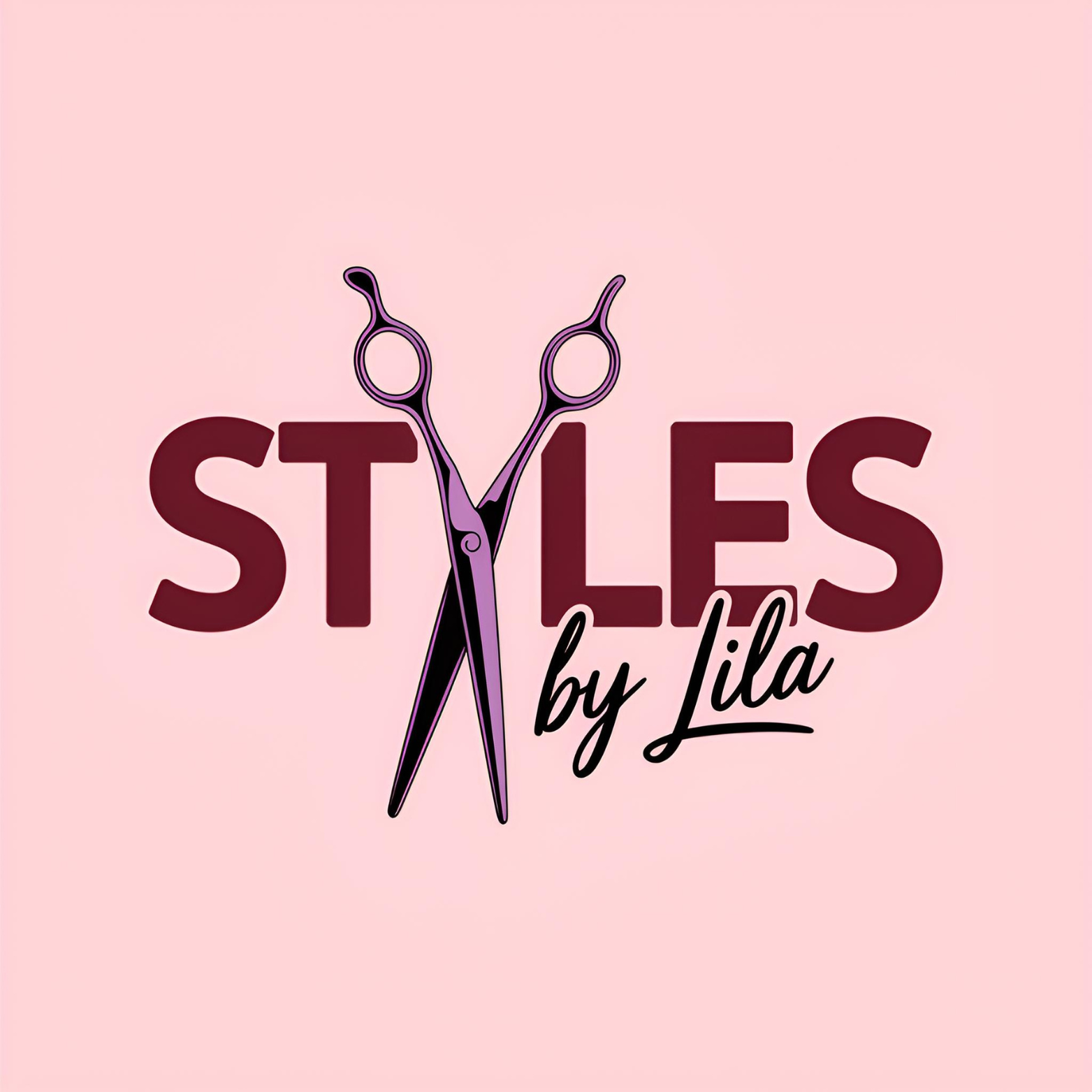 Logo for  hair stylist or a barber 'Styles by Lila' featuring a pair of purple scissors and the text 'STYLES' in bold letters with 'by Lila' in a script font on a pink background.