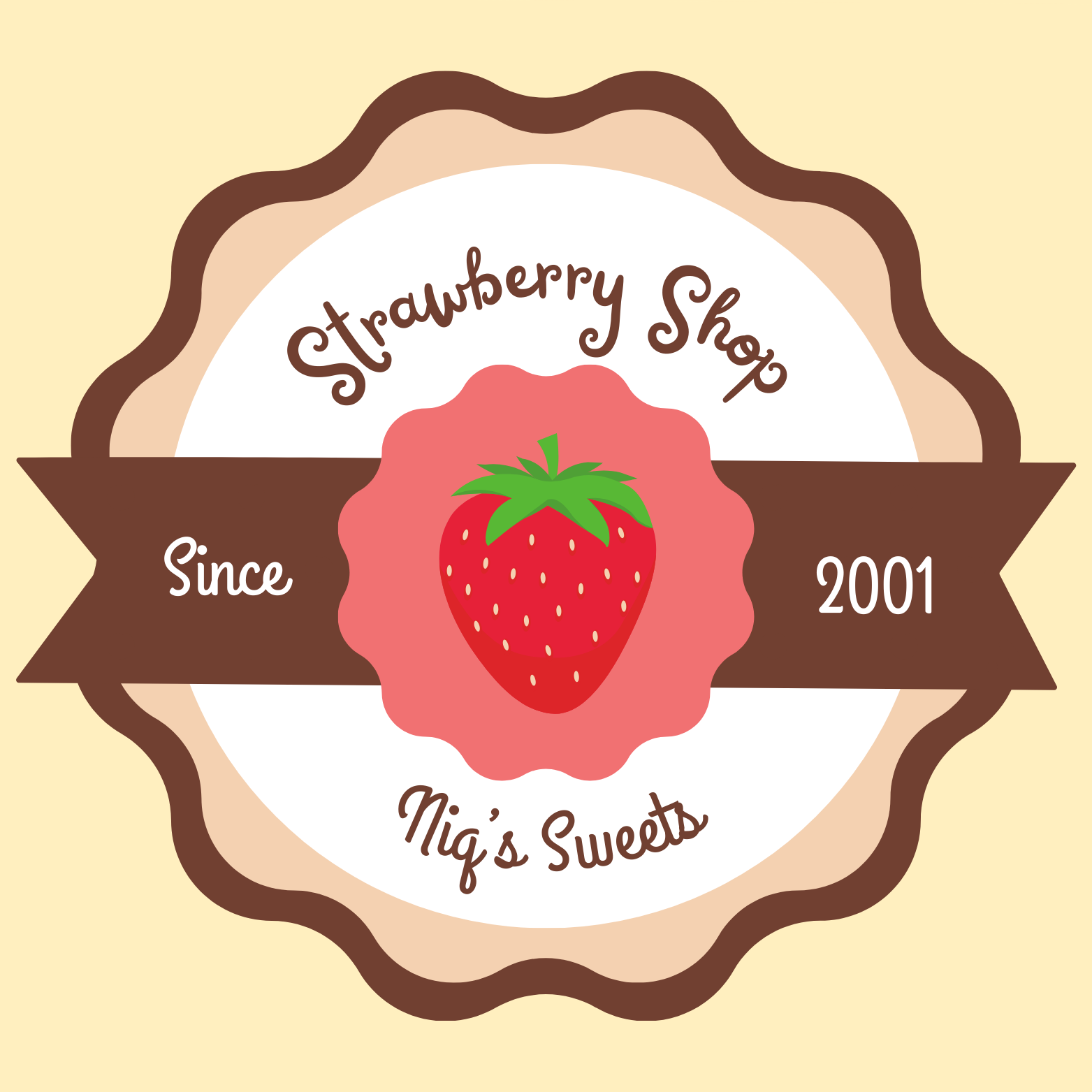 A logo for a strawberry shop, featuring a large strawberry at the center with green leaves, surrounded by a pink scalloped border. The background is light beige. The text on the logo reads 'Strawberry Shop' at the top, 'Nig's Sweets' at the bottom, and 'Since 2001' on a brown ribbon across the middle.