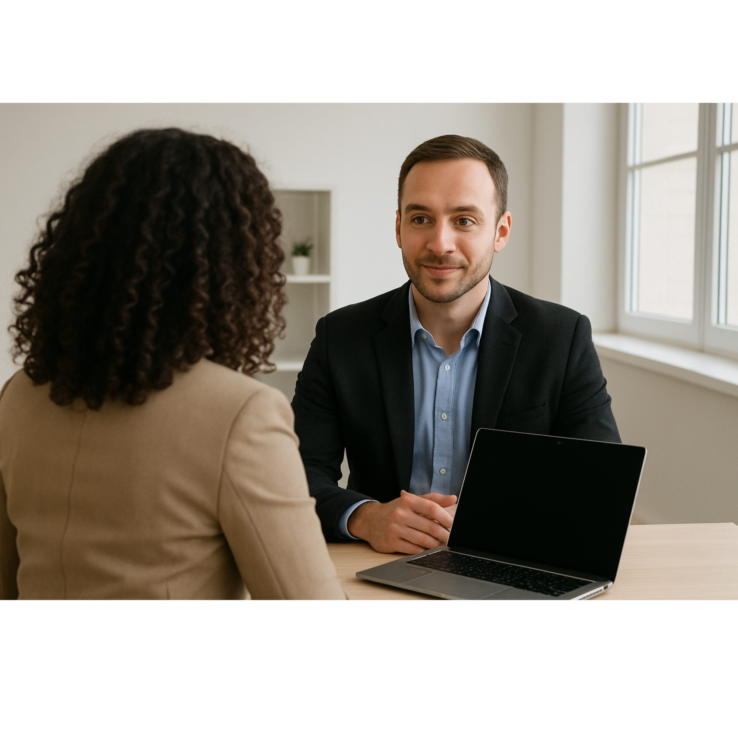 A man and a woman having a business meeting in a bright room with a window. The man is wearing a dark blazer and blue shirt, sitting behind a laptop. The woman has curly hair and is wearing a beige blazer, facing the man.