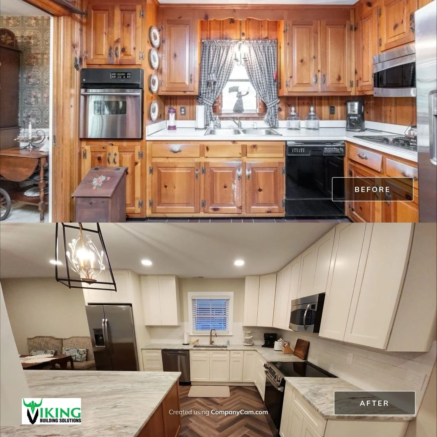From dated to dazzling! ✨ This kitchen went through a stunning transformation&mdash;trading dark wood paneling for bright, modern elegance. Sleek cabinetry, fresh countertops, and updated lighting completely redefine the space. 

👷&zwj;♂️🏡Ready to 