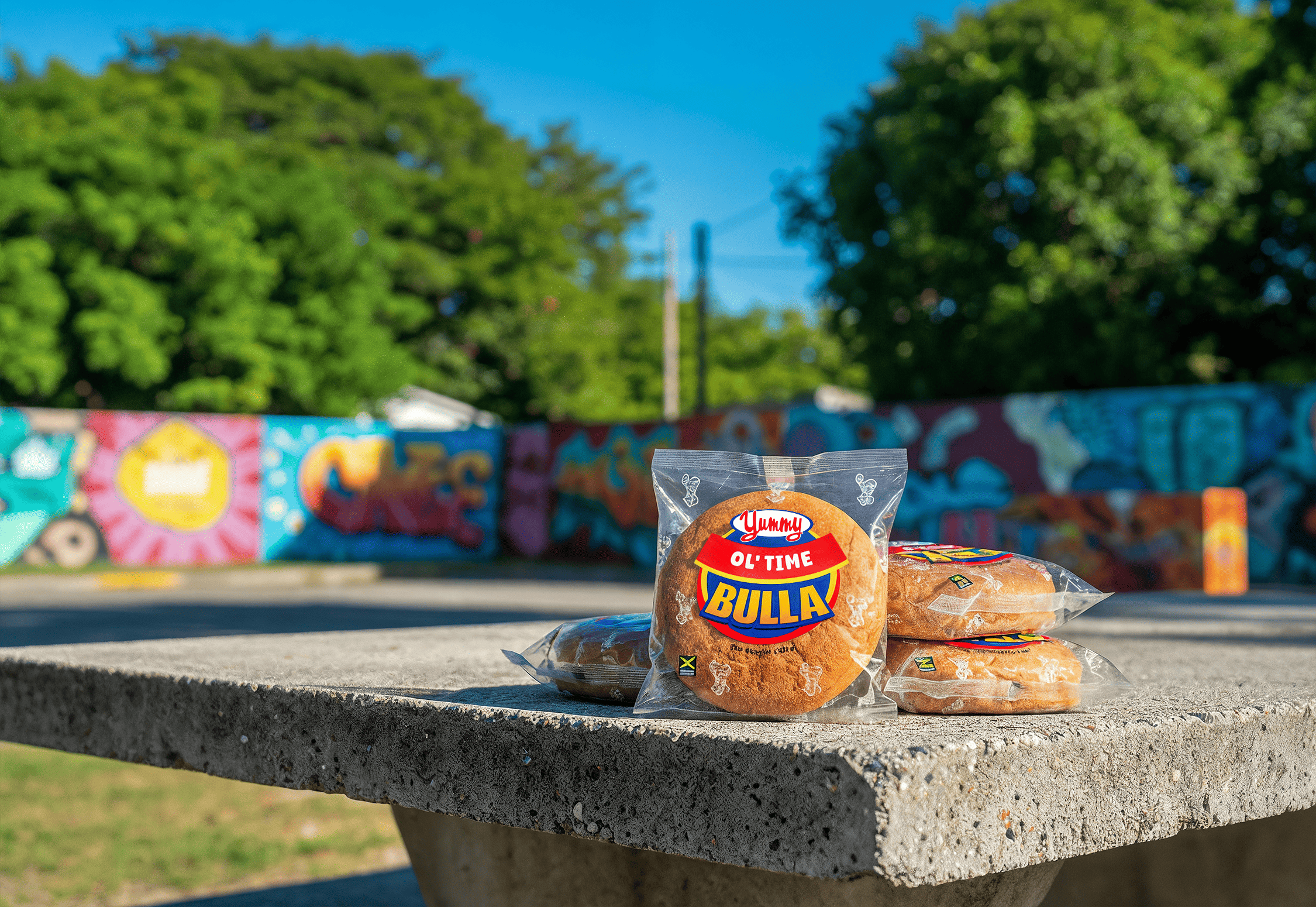 Packaged Bulla cookies on a concrete table outdoors with a graffiti-covered wall and trees in the background.