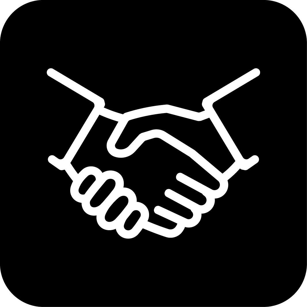 Black icon with white outline of a handshake.