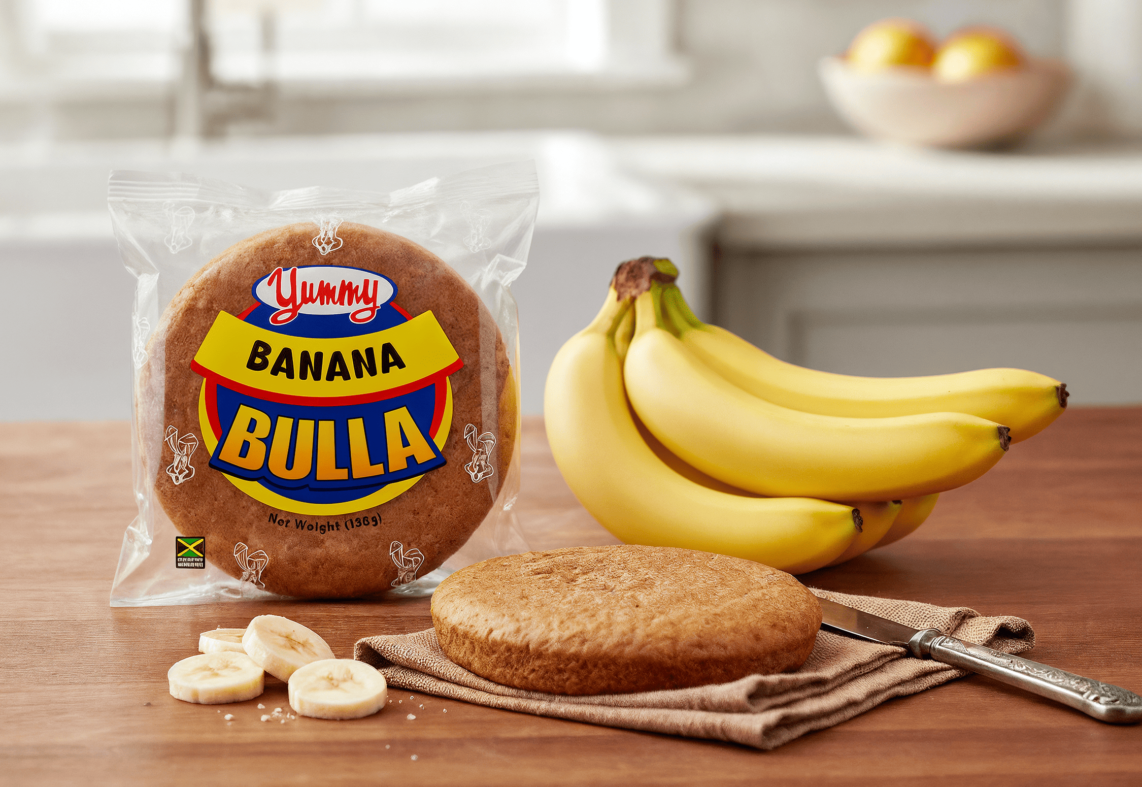 Fresh bananas, a round cake on a napkin with a knife, banana-flavored bun in plastic packaging, and sliced banana pieces on a wooden table in a bright kitchen.