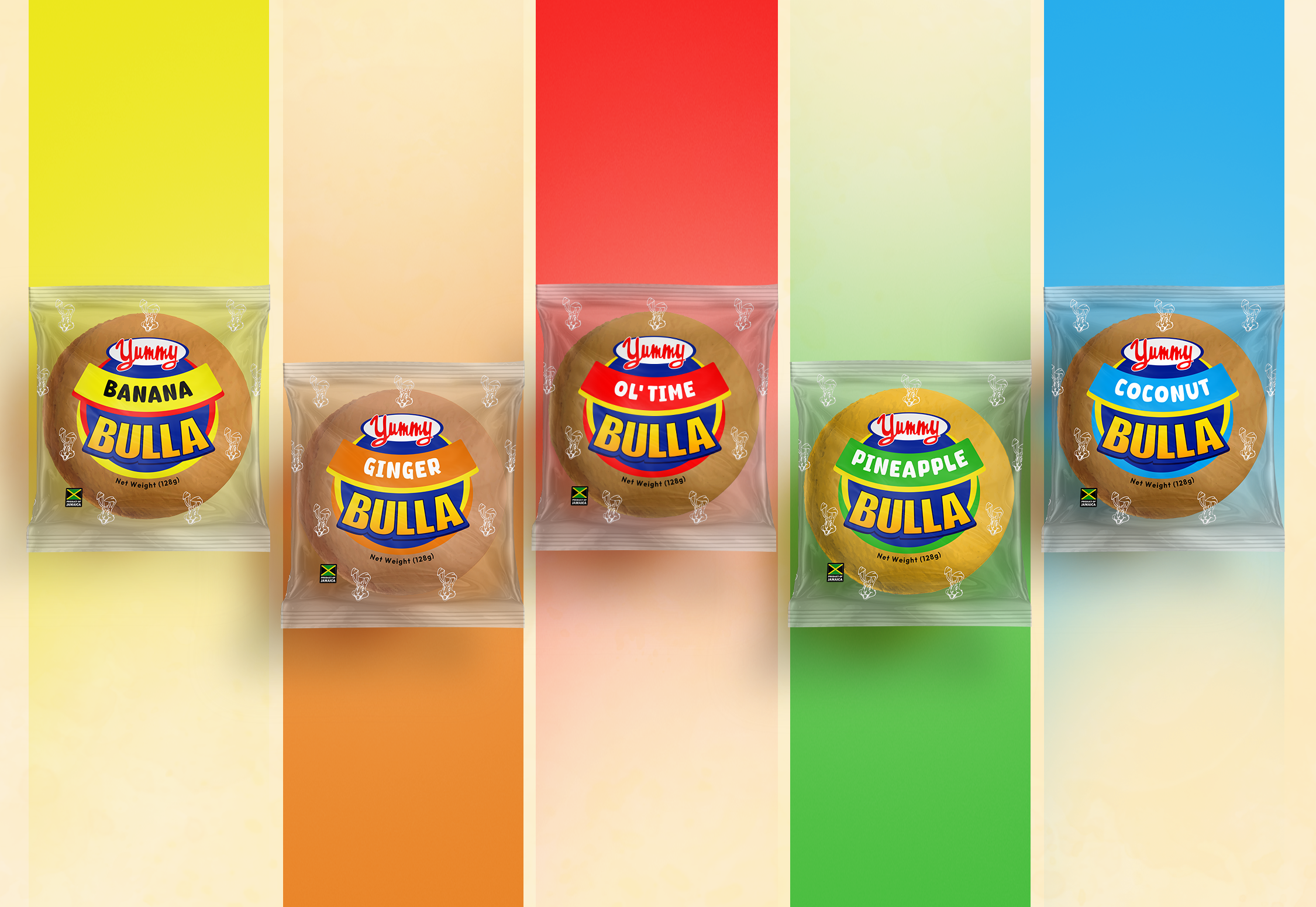 Five packets of Bulla flavored biscuits arranged on a colorful background. The flavors include Banana, Ginger, O'Time, Pineapple, and Coconut, each with distinct colored packaging and labels.