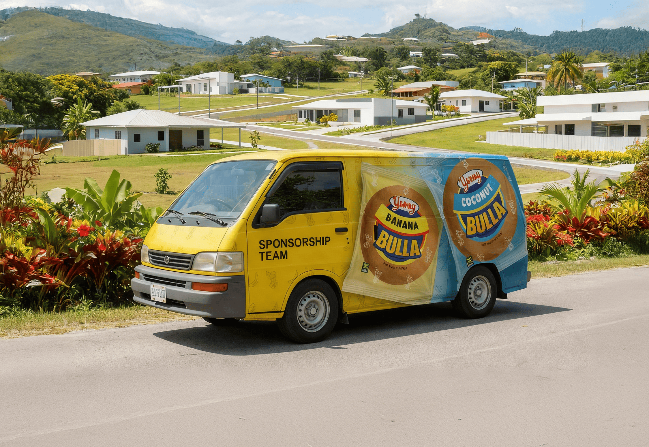 Yellow delivery van with advertising for Yummy Banana Bulla and Coconut Bulla parked on a residential street with white houses, green lawns, and hills in the background.