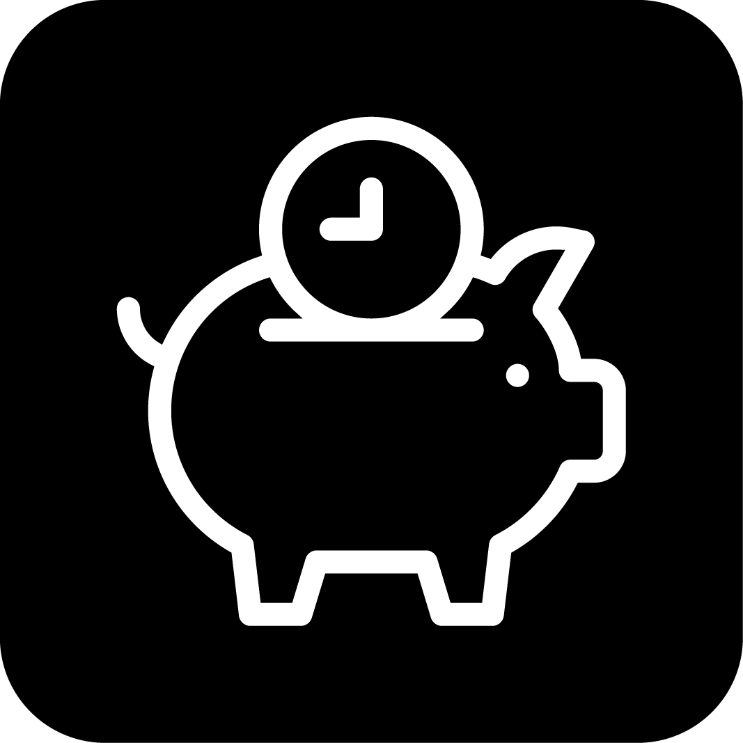 Icon of a piggy bank with a clock on top, symbolizing time savings or savings over time.