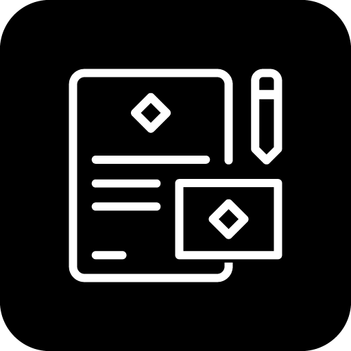 Outline icon of a document with a photo and a diamond shape, a pen, and a smaller photo, all in white on a black background.