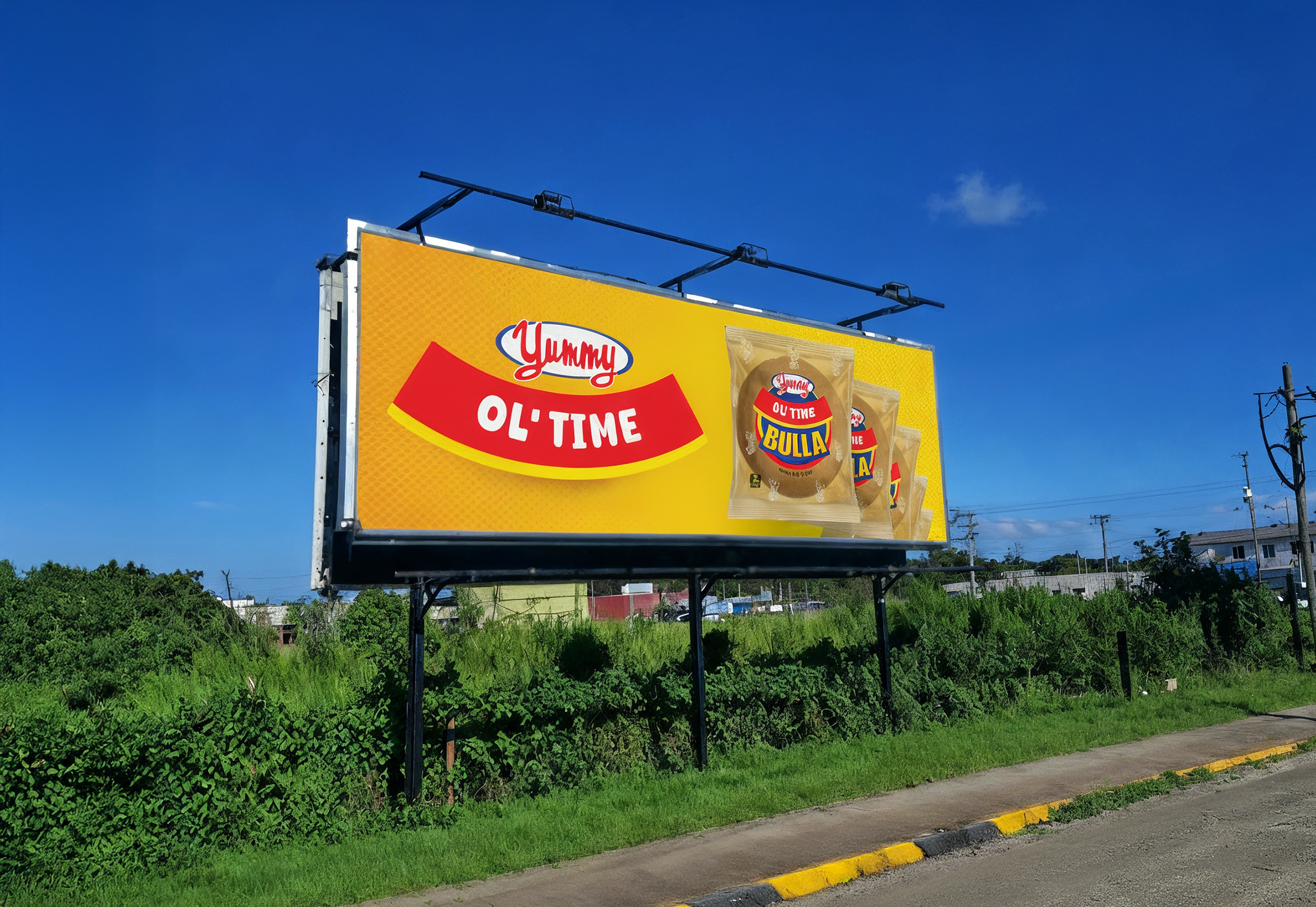 Billboard advertising Yummy Ot Tine Bullai snack with a yellow background and images of snack packages, set outdoors with a clear blue sky and green bushes.