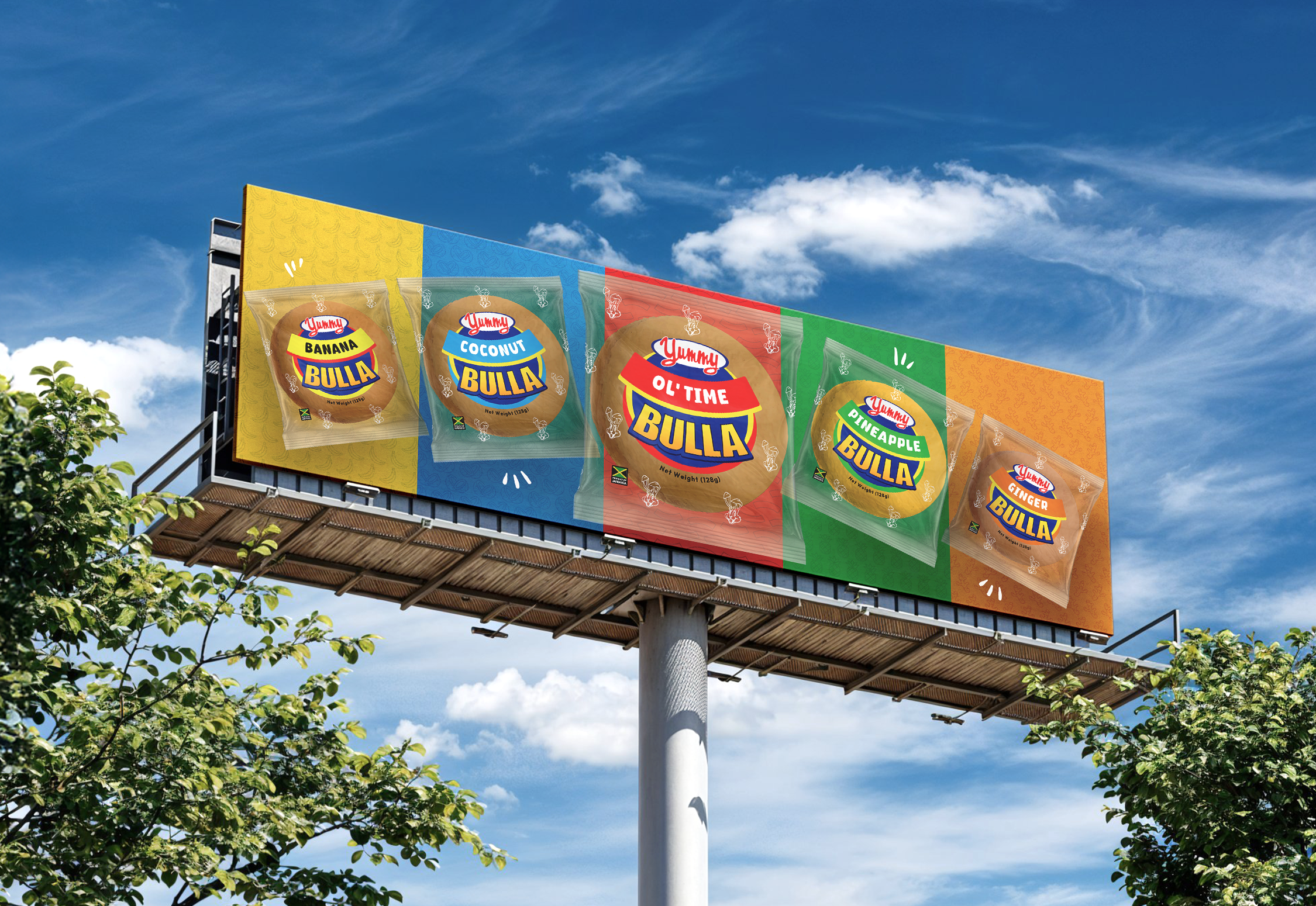 Billboard advertising Bulla brand cookies, with five cookie packs labeled Banana, Coconut, Ol' Time, Pineapple, and Ginger, against a blue sky with trees.