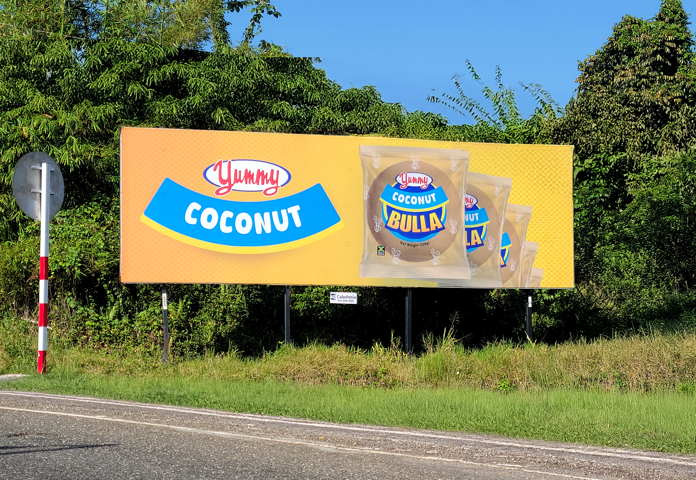 Billboard advertising Yummy Coconut Bulla snacks with an illustration of the snack package, set against a backdrop of green trees and a clear blue sky.