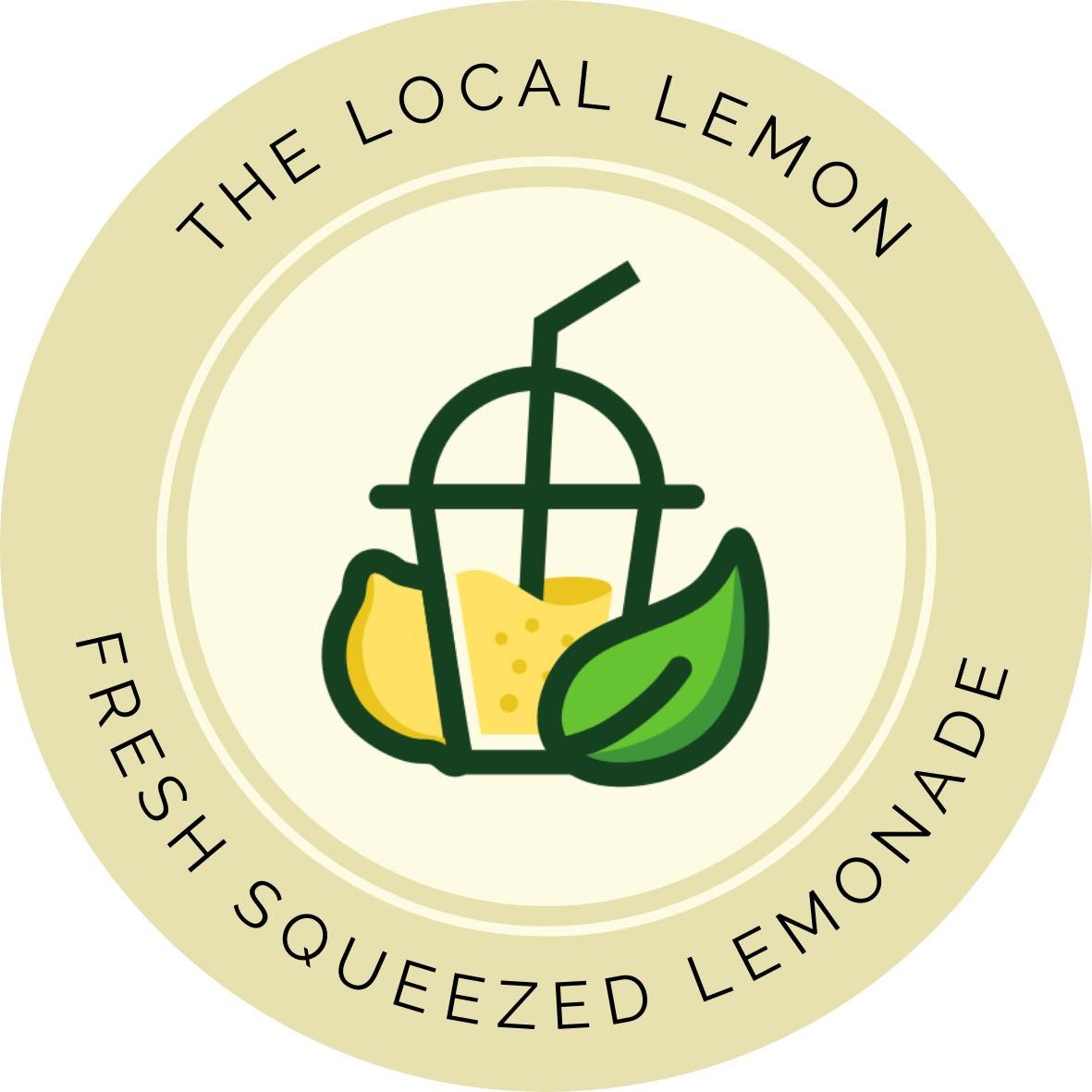 A circular logo with a beige background and black text saying "The Local Lemon" at the top and "Fresh Squeezed Lemonade" at the bottom. In the center, there is a stylized illustration of a lemon and a green leaf with a black grid pattern over the lemon.