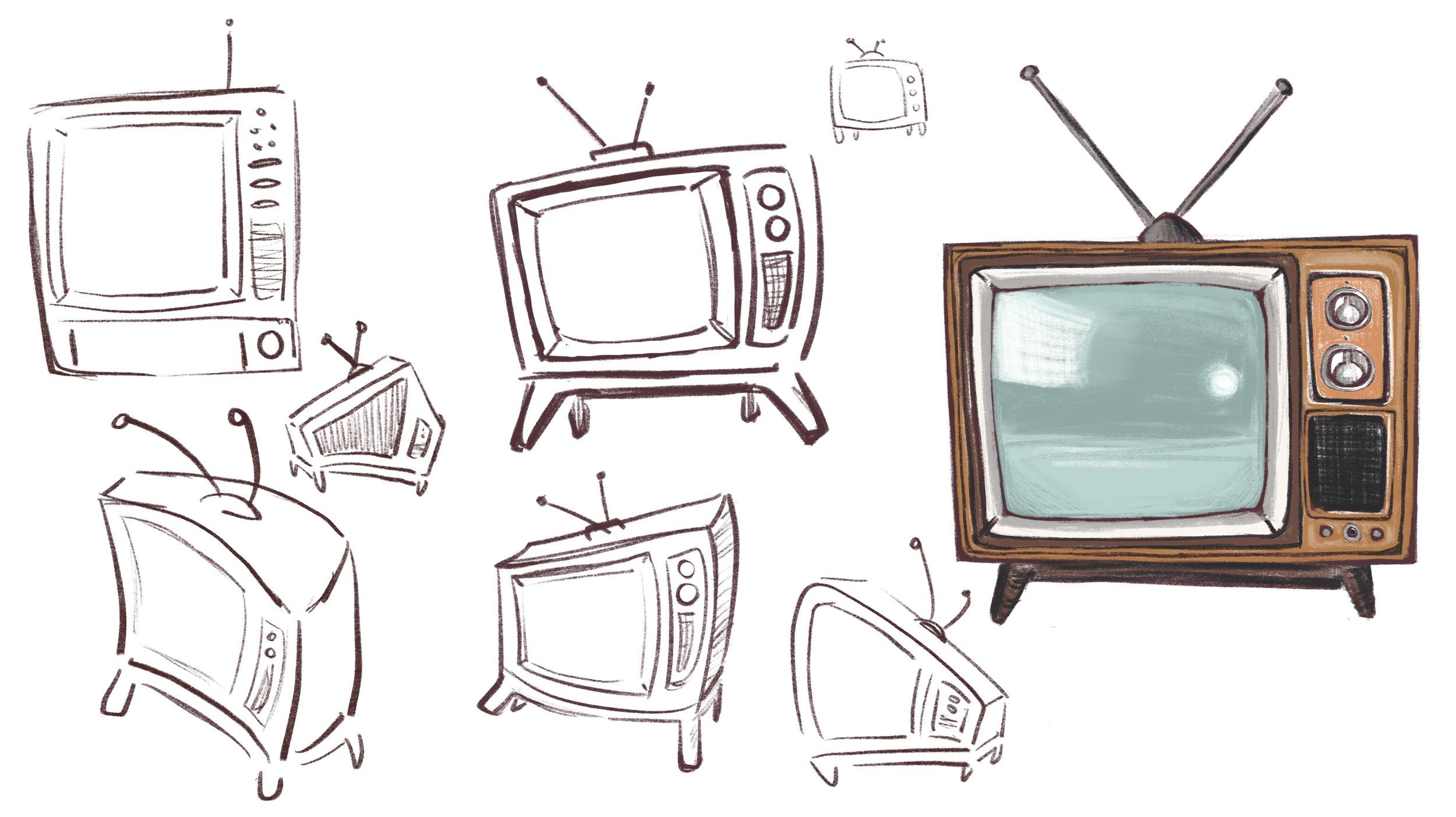 A study of an older TV, pushing its shapes, and adding rough colors