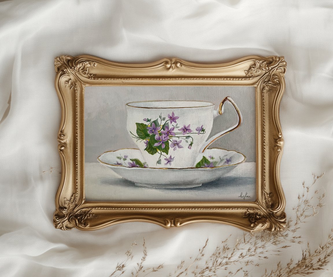 gold framed painting of teacup and saucer with bouquet of violets sitting on white sheet