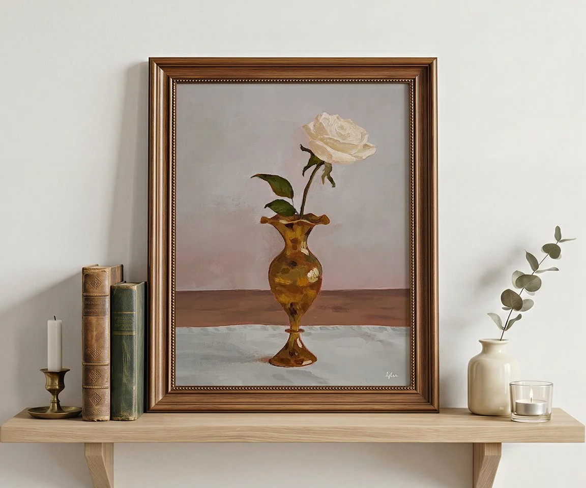 framed painting of rose in brass bud vase