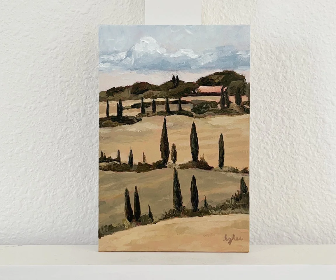 small painting of Italian Tuscan countryside cypress trees