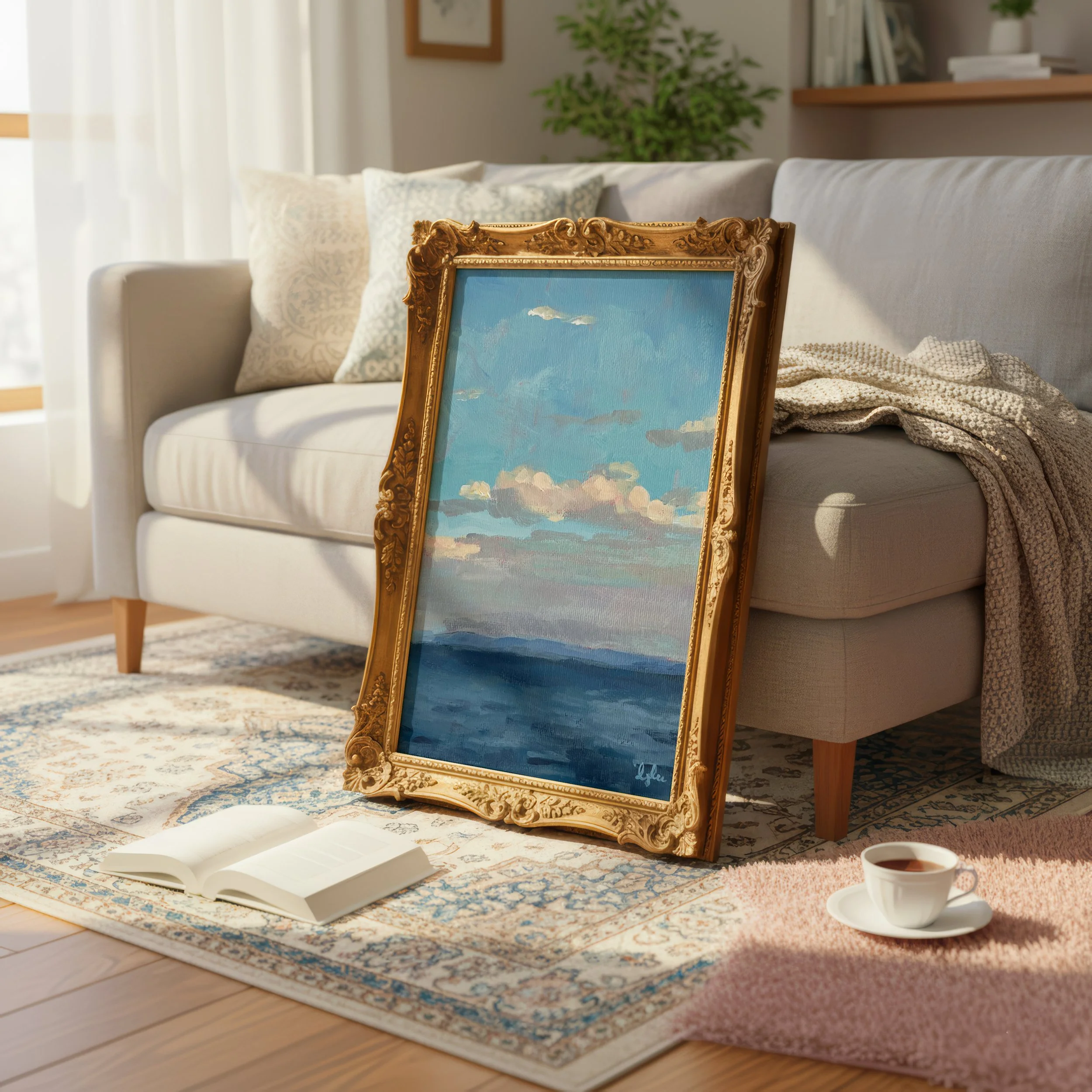 large gold framed print of a painting of clouds in blue sky over ocean