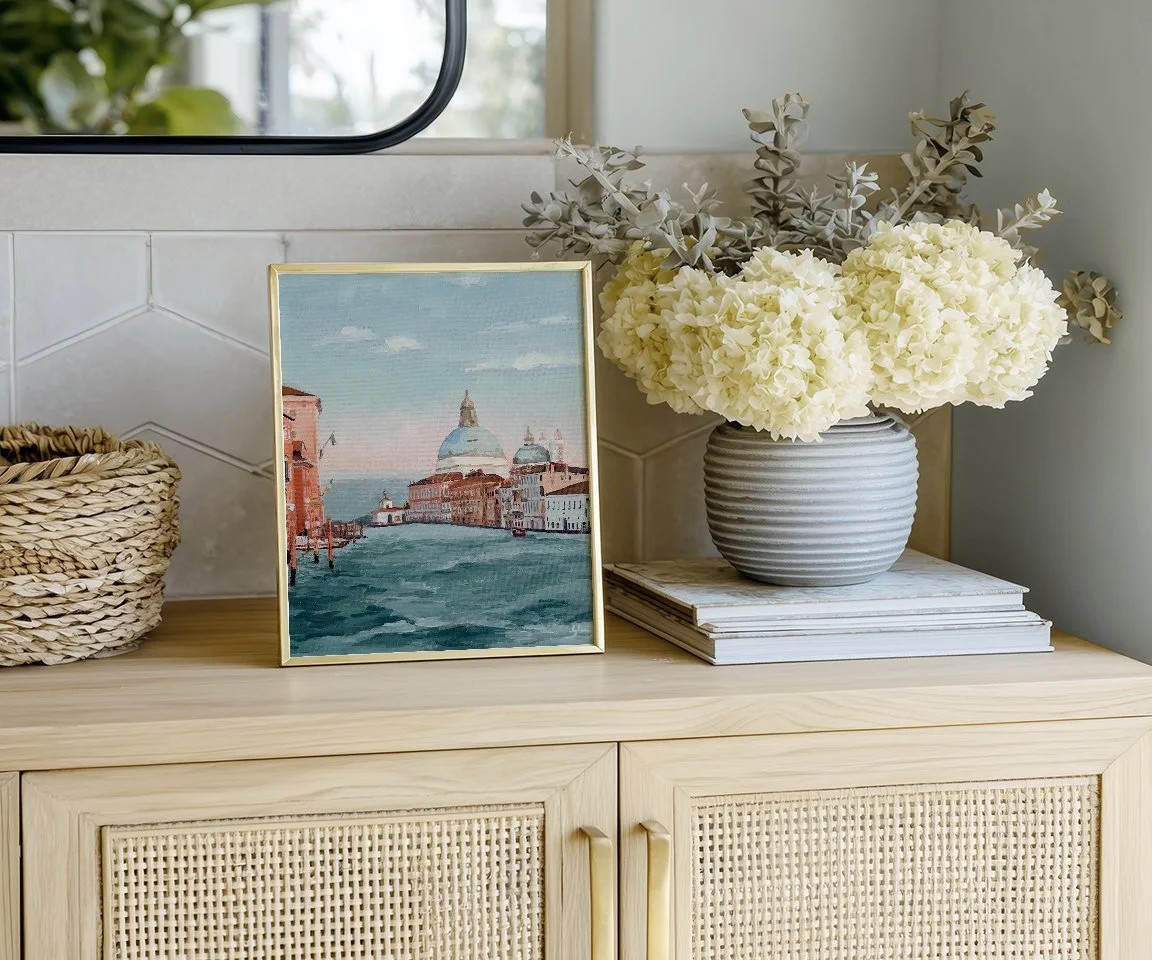 framed print of Grand canal painting on entryway credenza