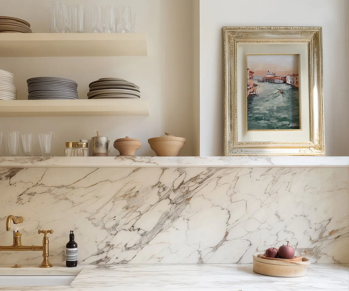 framed painting of Grand Canal sunset on kitchen shelf