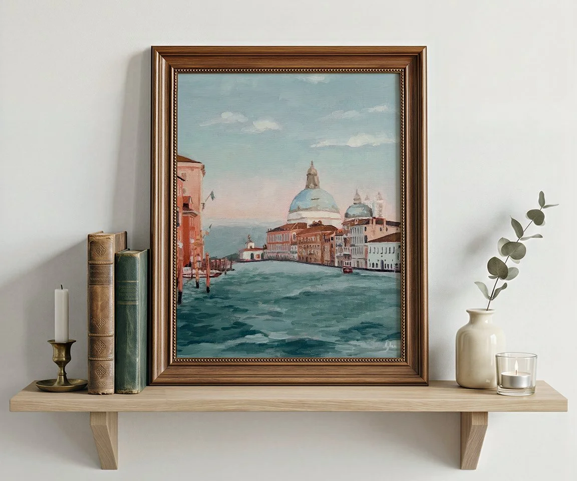 framed print of painting on floating shelf