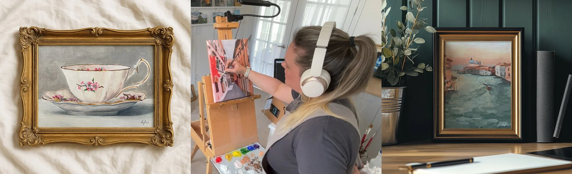 trio of images, framed painting of antique teacup, artist painting with easel, framed painting of Grand Canal Venice on desk