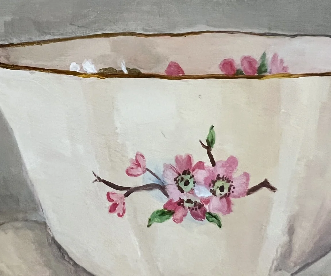 detail image of pink flowers on cup