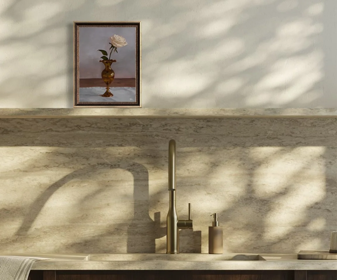 painting of rose in bud vase on kitchen shelf
