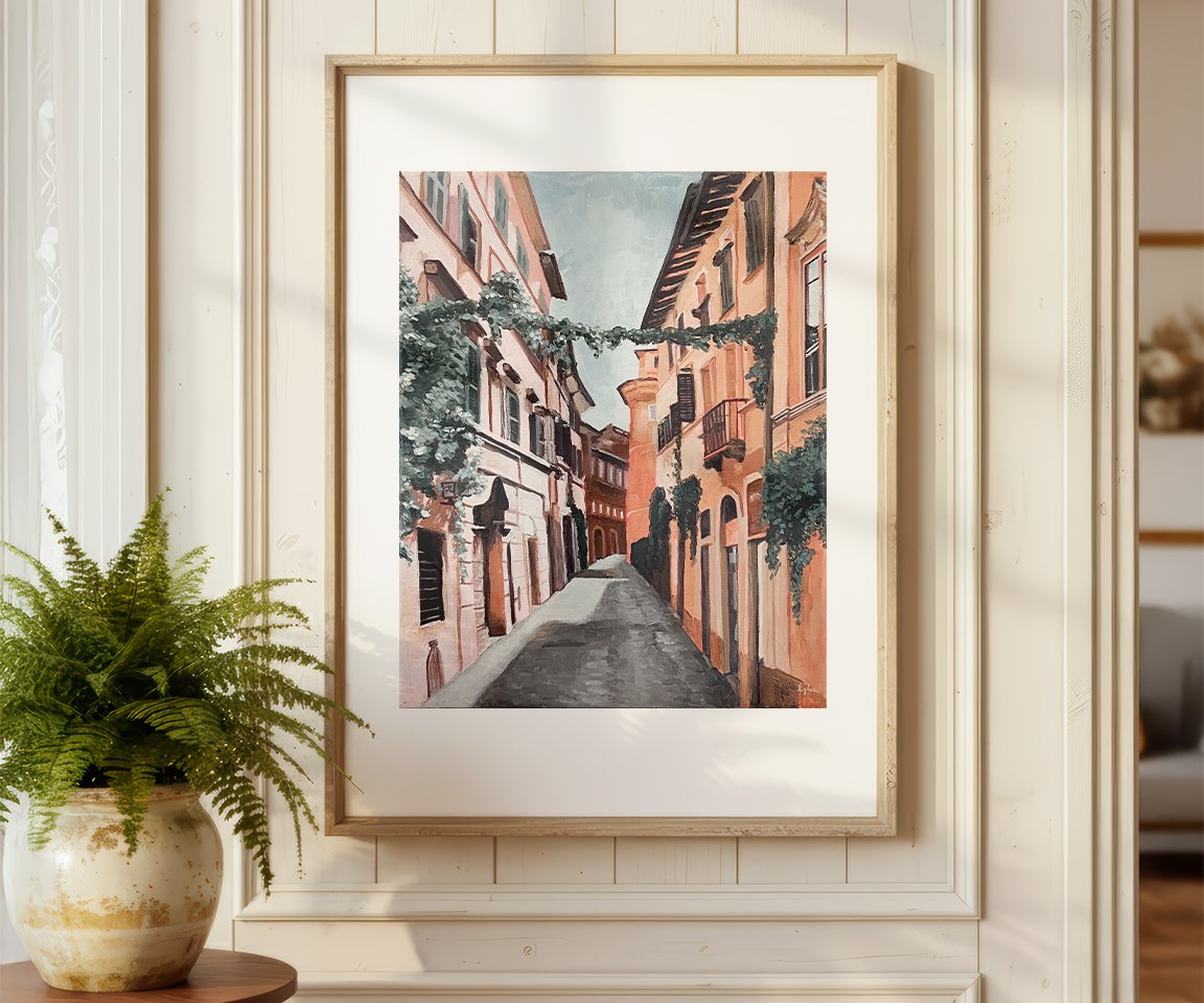 oversized frame with print of Italian alley painting