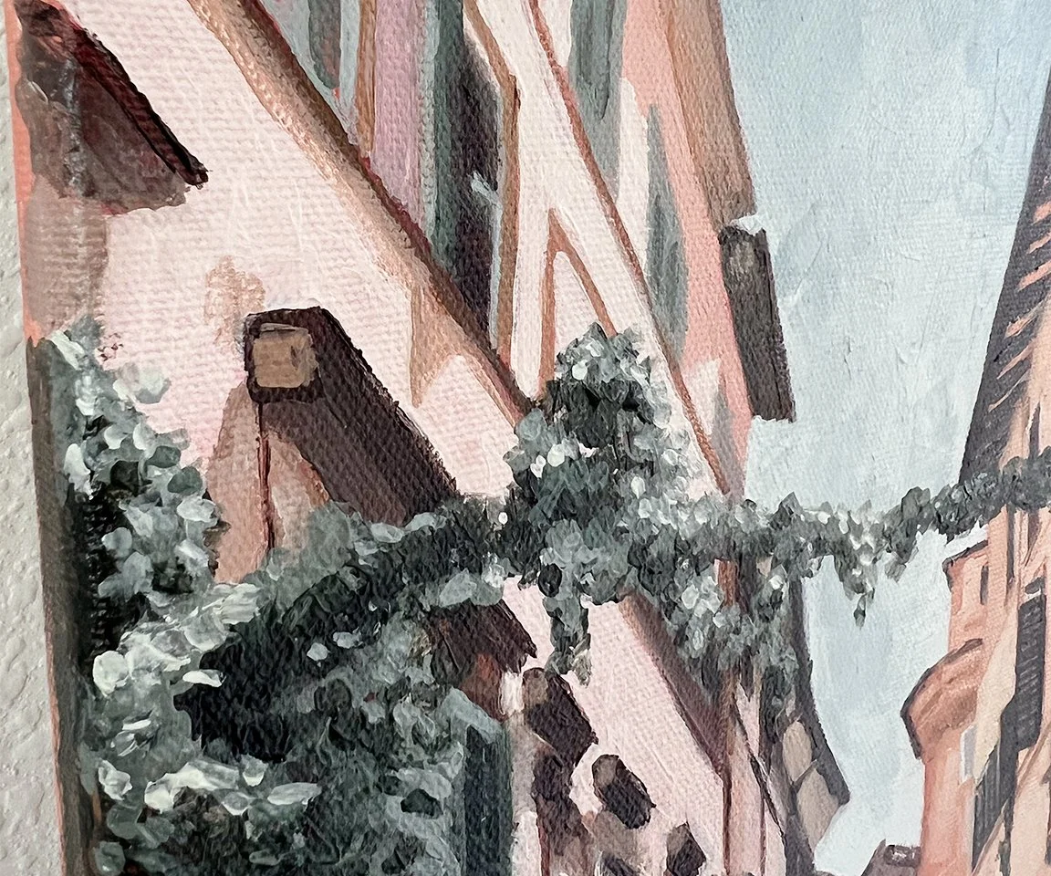 detail image of buildings and brushstrokes