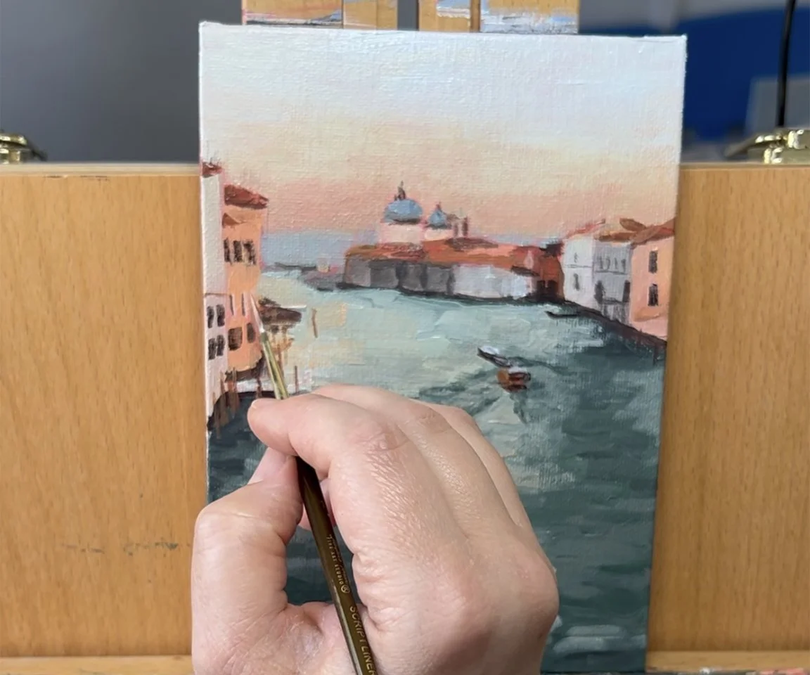painting of sunset on grand canal in progress on easel