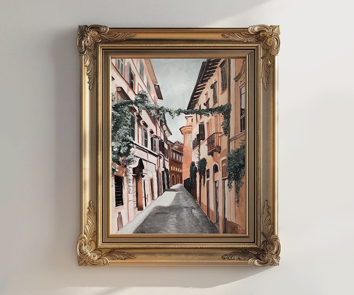 gold framed print of painting of street in Rome, Italy