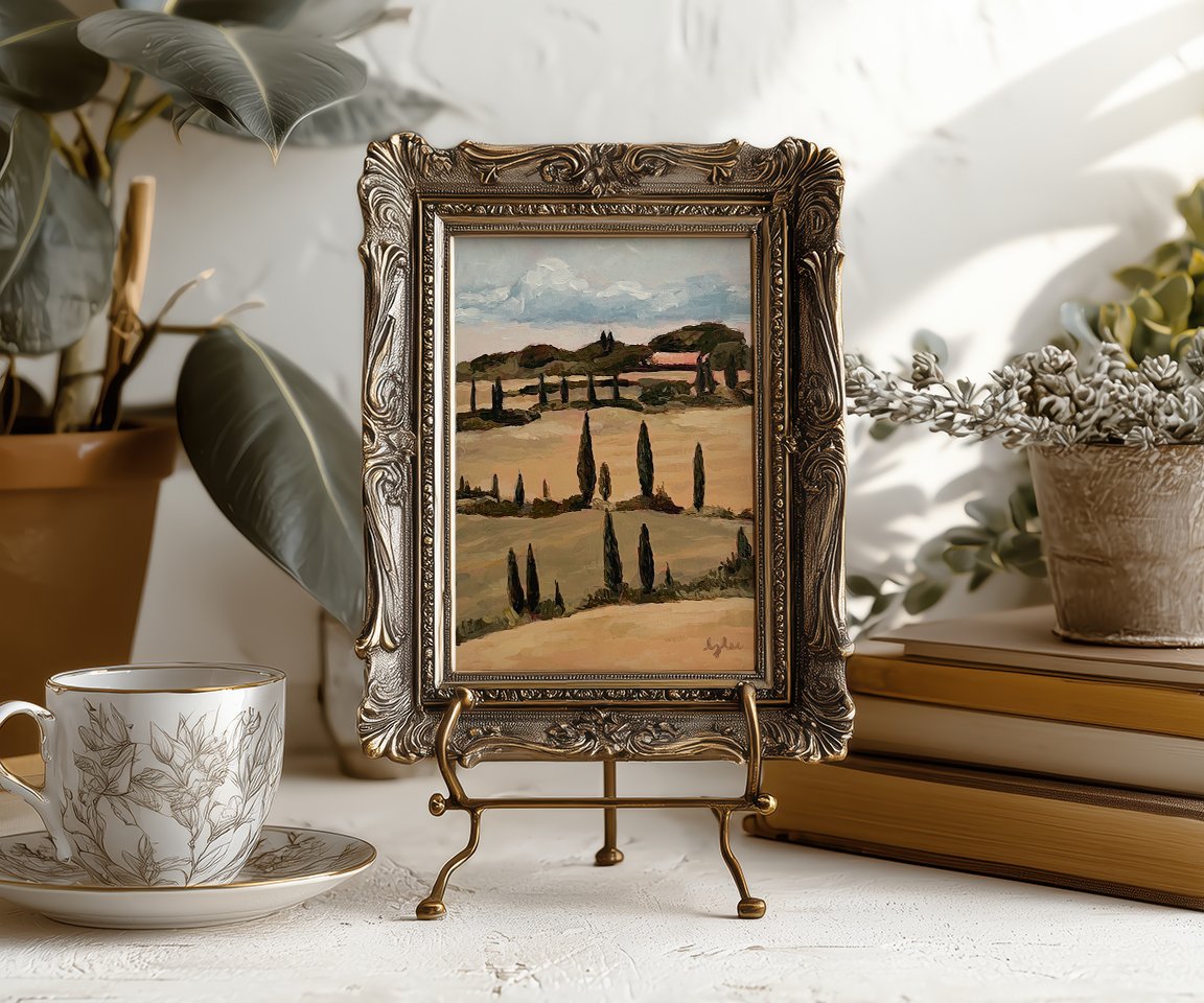 small 4x6 print framed, showing Tuscan cypress trees