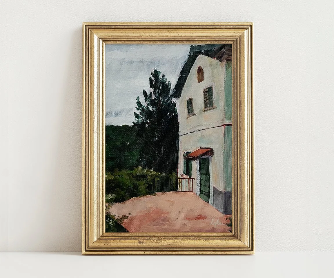 gold framed print of italian villa painting