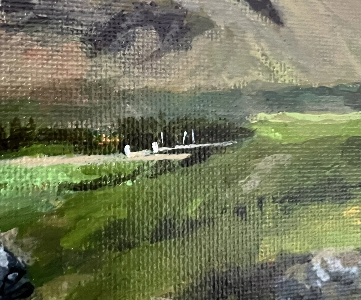 detail image of small bridge among green field in painting