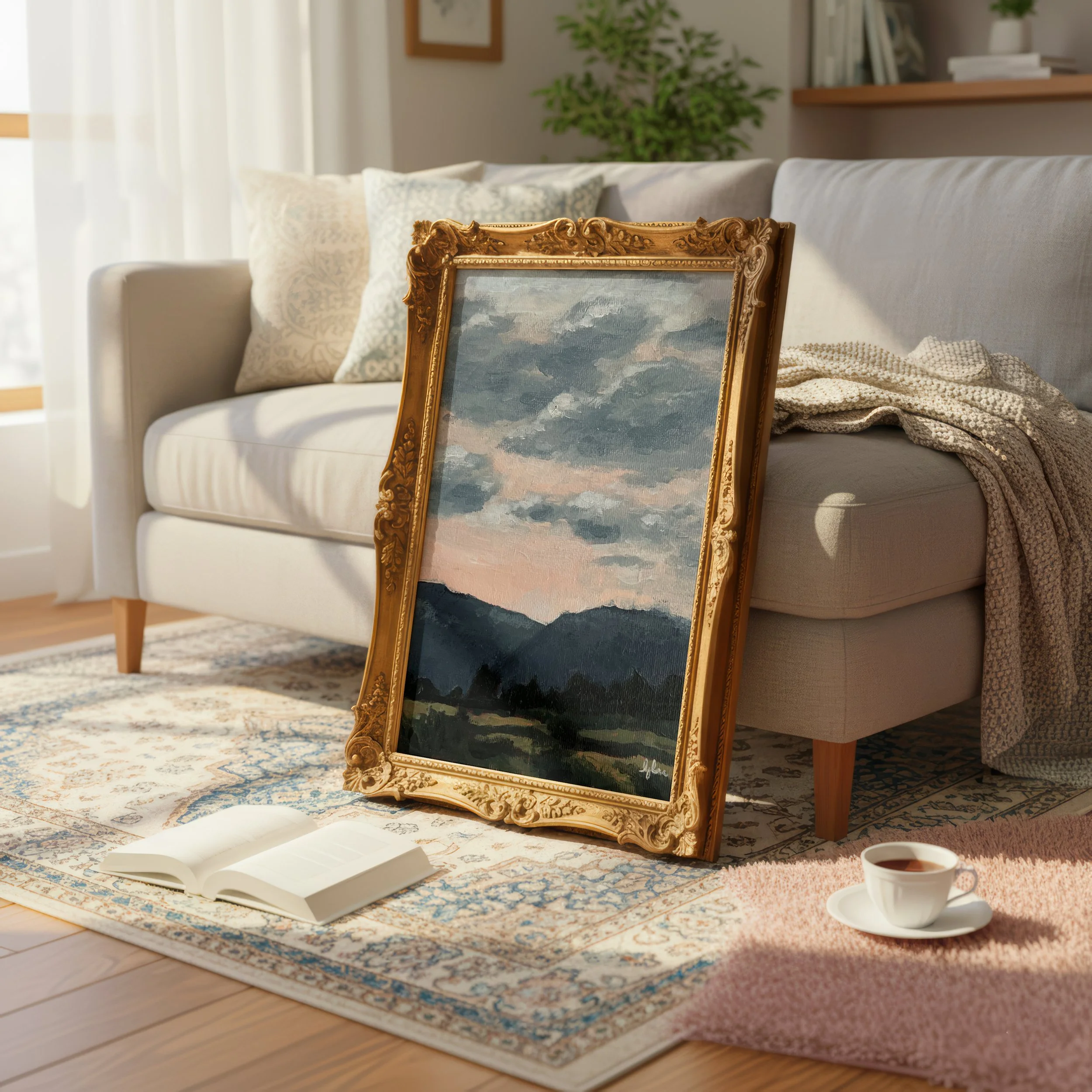 large framed print of painting of pink sky with blue clouds over blue mountains and green field