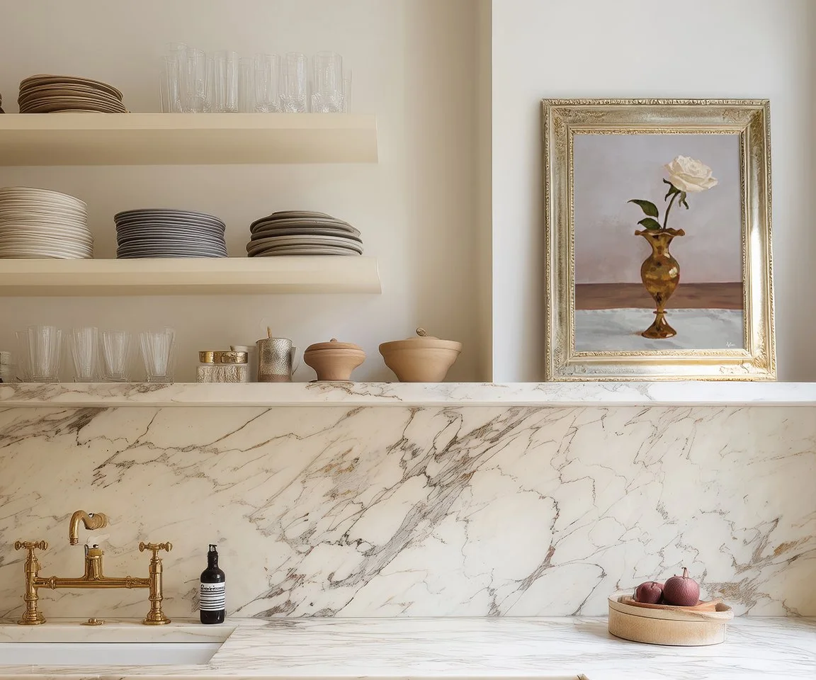 painting of rose in brass bud vase on kitchen shelf