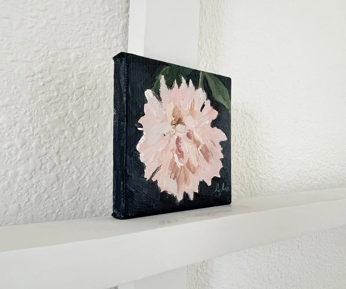 painting of pink astor mum with navy background showing side of canvas on white wall