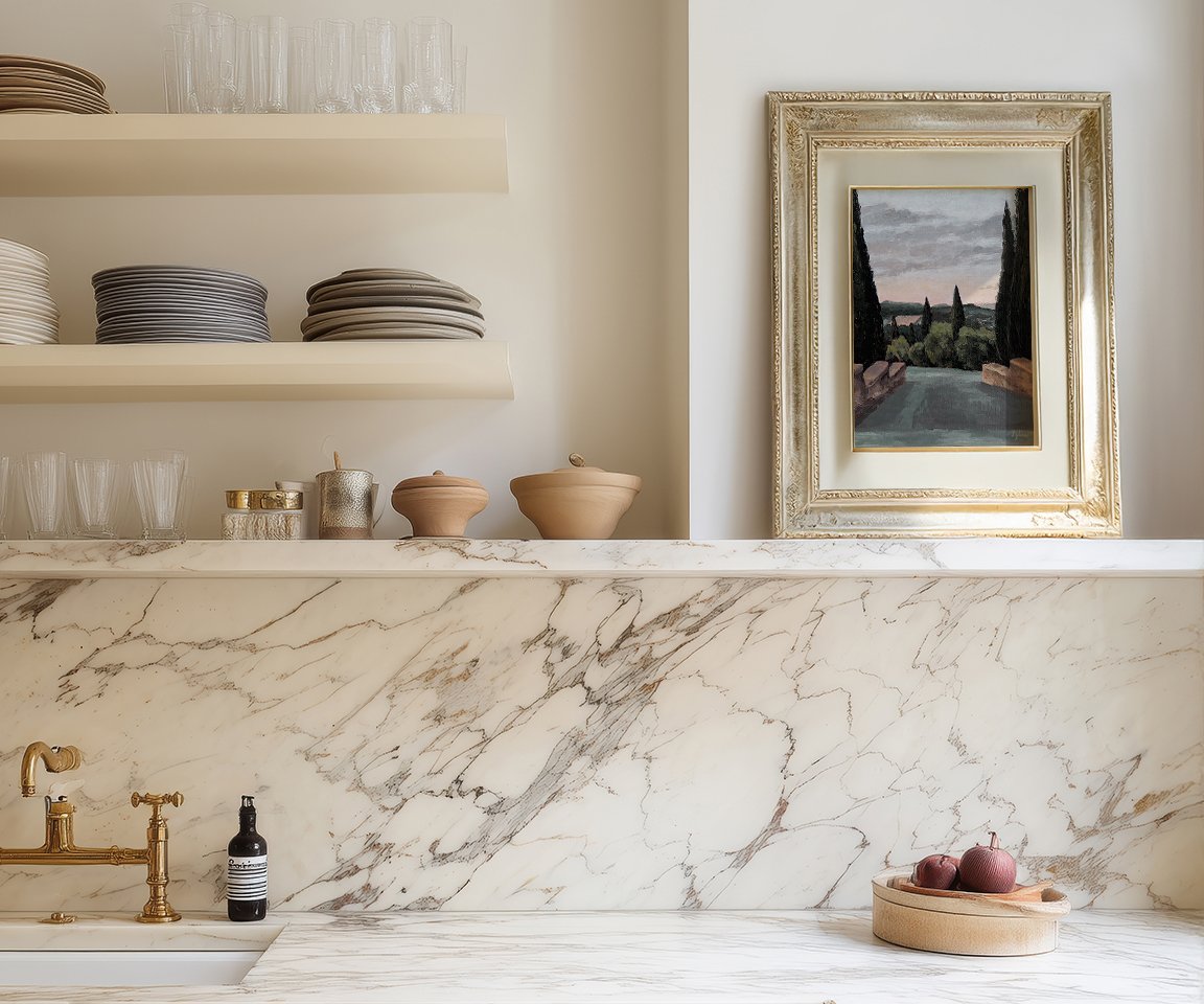 framed painting of dusk in Tuscany in kitchen on shelf