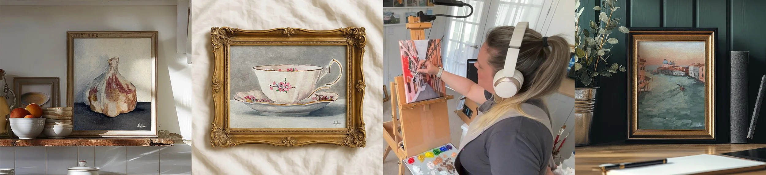 Framed Garlic Painting on Kitchen Shelf, Gold Framed Vintage Teacup, Lezlee Painting at Easel, Framed Painting of Grand Canal in Venice on Desk