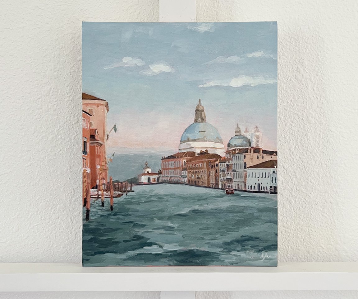Painting of Grand Canal in Venice on white shelf