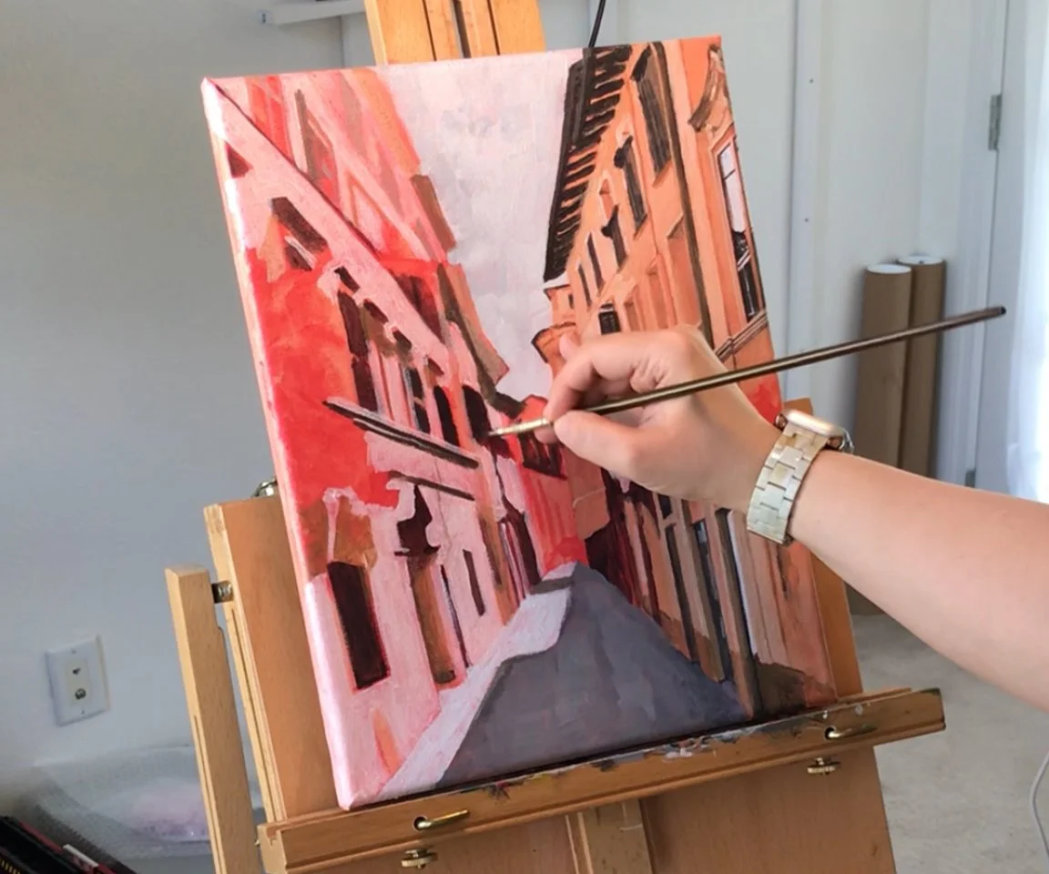 painting of scene in Rome in progress on easel